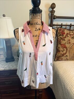 Maeve White Embroidered Sleeveless Polo Tank with Red Stripe Collar